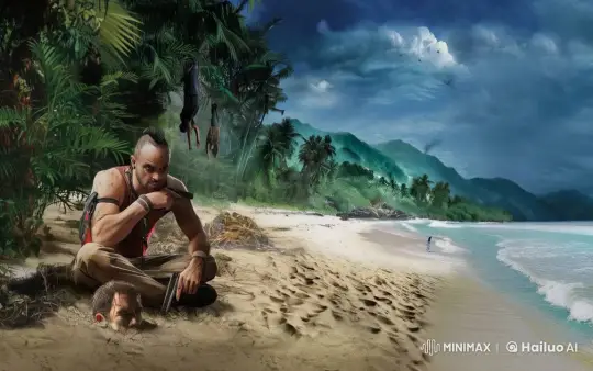 Tropical Beach Tension: Man Inspects Pistols, Another Is Buried Alive – AI Generated Video | Hailuo AI