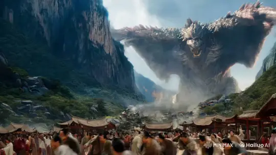 Colossal Monster Overwhelms Valley, Woman Stands Out in Red – AI Generated Video | Hailuo AI