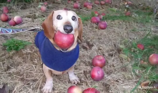 Dog Defends, Eats Apples, and Lies Down in Orchard – AI Generated Video | Hailuo AI