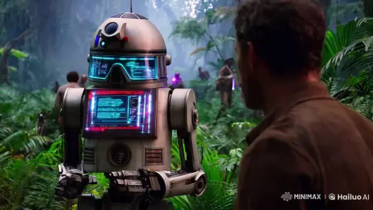 Rebellious Droid Monitors Jungle in Cinematic Tension – AI Generated Video | Hailuo AI