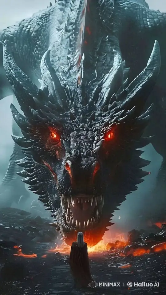 Dragon and Cloaked Figure Standoff in Eerie Lava Land – AI Generated Video | Hailuo AI