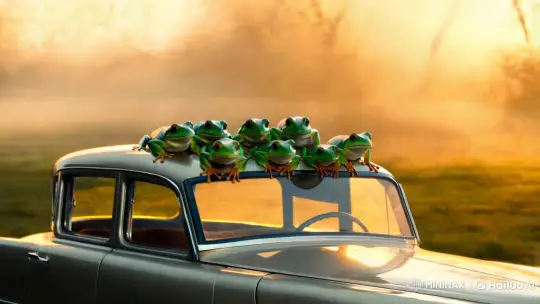 Frogs Perched on Vintage Car in Surreal Landscape – AI Generated Video | Hailuo AI