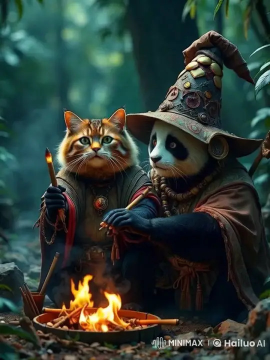 Enchanted Forest: Cat Wizard and Shaman Panda's Ritual – AI Generated Video | Hailuo AI
