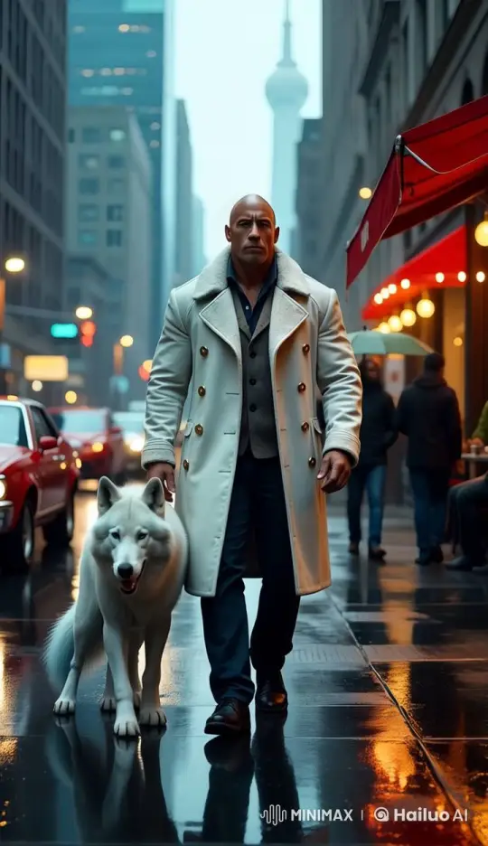 Dwayne Johnson Strolls with Wolves in Animated Cityscape – AI Generated Video | Hailuo AI