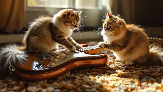 Cats Curiously Interact with Vintage Stratocaster – AI Generated Video | Hailuo AI