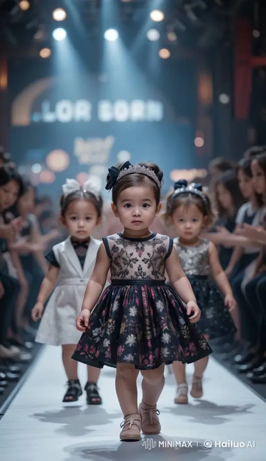 Children Model with Joy Amidst Audience Applause on Runway – AI Generated Video | Hailuo AI