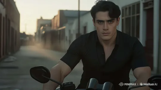 Young Man on Motorcycle: Dusk Alleyway Calmness – AI Generated Video | Hailuo AI
