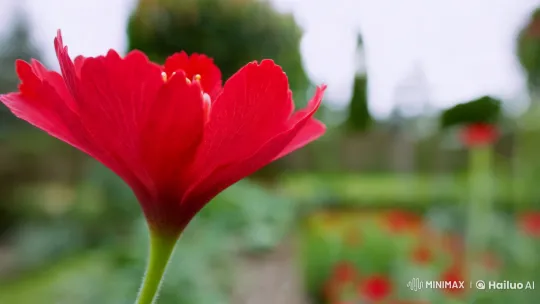 Slow Motion Unveiling of a Red Flower in a Serene Garden – AI Generated Video | Hailuo AI