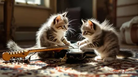 Siberian Kittens Curiously Explore Stratocaster Guitar – AI Generated Video | Hailuo AI