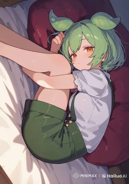 Green-haired Girl Smiles Shyly on Bed in Live2D Animation – AI Generated Video | Hailuo AI