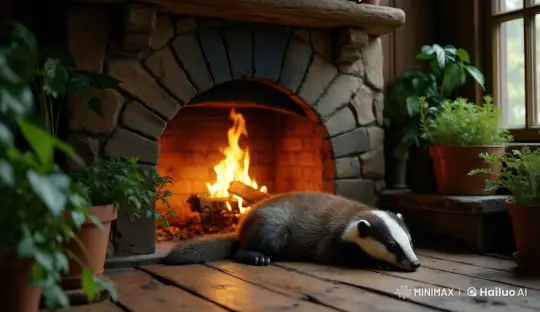 Cozy Cottage Fireplace Scene with Resting Badger – AI Generated Video | Hailuo AI