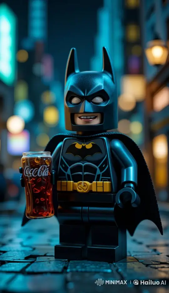 LEGO Batman Enjoying Cola in Gotham's Neon Night – AI Generated Video | Hailuo AI