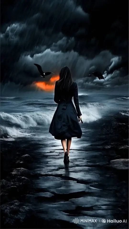 Mysterious Woman Braving a Stormy Seaside in Live2D Animation – AI Generated Video | Hailuo AI