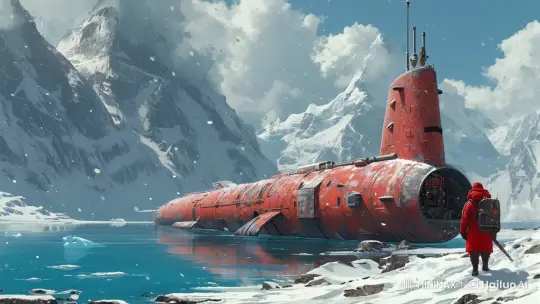 Red Submarine in Snowy Landscape: Explorer's Approach – AI Generated Video | Hailuo AI