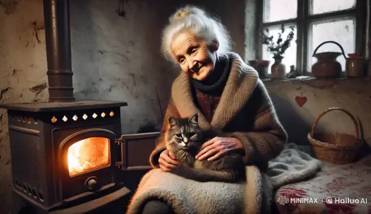 Elderly Woman and Cat Enjoying Warmth by the Stove – AI Generated Video | Hailuo AI