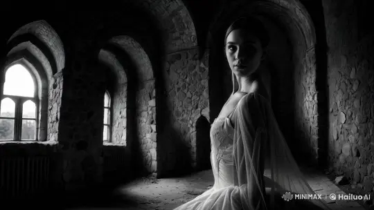 Ballerina in Stone Ruins: Graceful Walk Amidst Shadows – AI Generated Video | Hailuo AI