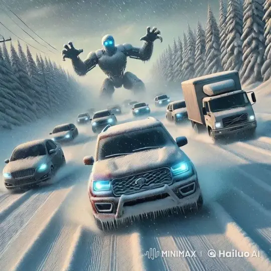 Snowy Road Chase: Vehicles Evade Giant Robot – AI Generated Video | Hailuo AI