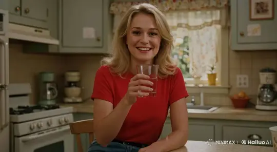 1985 Vintage Apartment: Blond Woman Sips Water in Cozy Kitchen – AI Generated Video | Hailuo AI