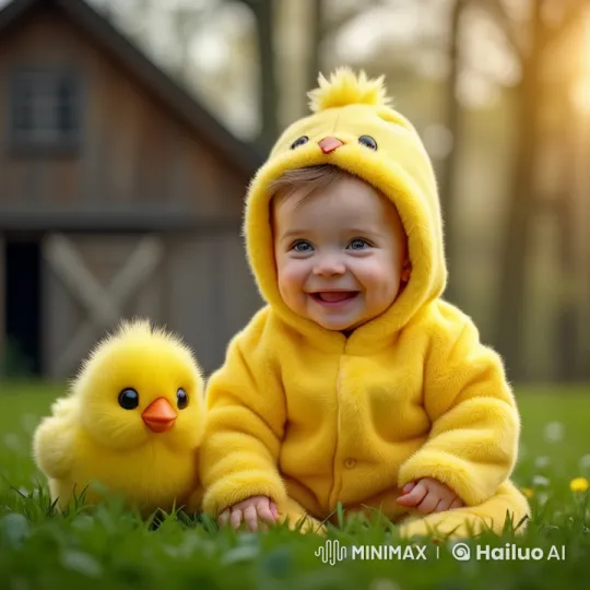 Joyful Child and Plush Chick in Enchanting Backyard Setting – AI Generated Video | Hailuo AI