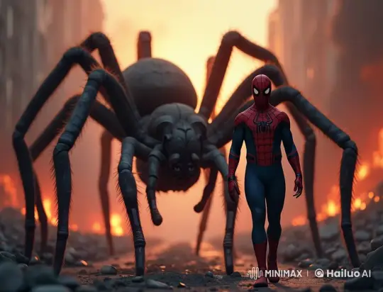 Superhero and Giant Spider March Through Ruined Cityscape – AI Generated Video | Hailuo AI