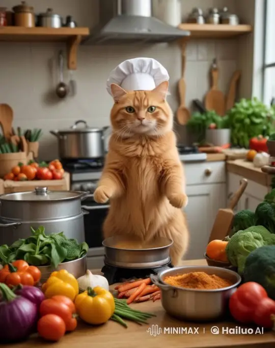 Orange Cat Chef Cooks in Cozy Kitchen Live2D Animation – AI Generated Video | Hailuo AI