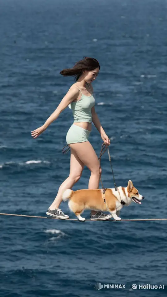 Japanese Woman and Corgi Lose Balance on Tightrope, Fall into Sea – AI Generated Video | Hailuo AI