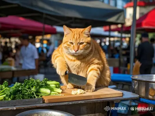 Ginger Cat Chops Stuffing in Bustling Market – AI Generated Video | Hailuo AI