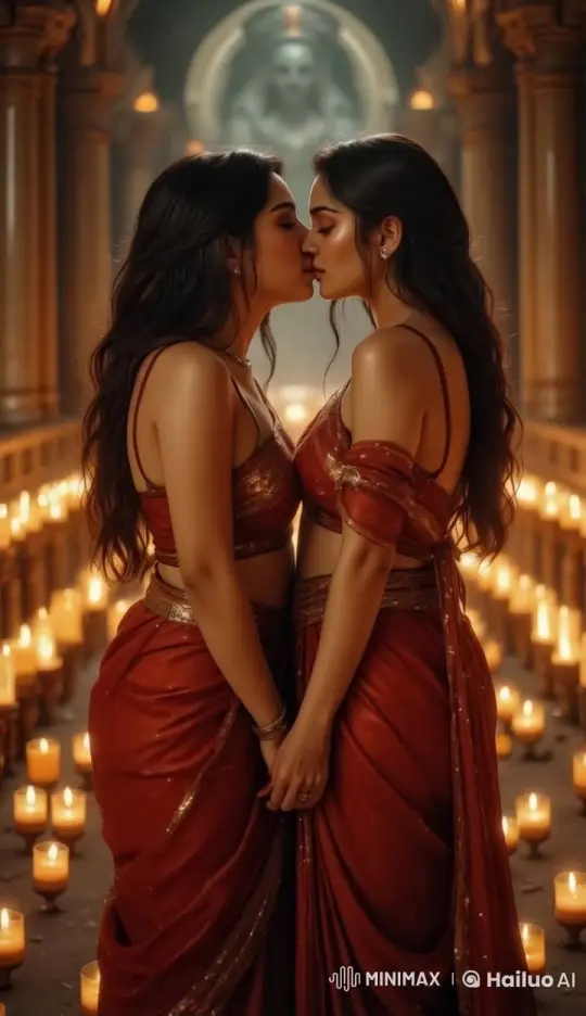 Elegant Women Share Intimate Kiss in Sacred Space – AI Generated Video | Hailuo AI