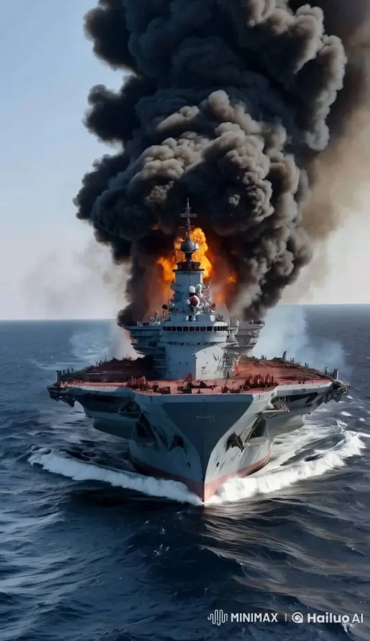 Dramatic Fire Engulfs Large Aircraft Carrier at Sea – AI Generated Video | Hailuo AI