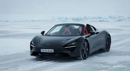 Black Sports Car Speeding Across Icy Terrain – AI Generated Video | Hailuo AI