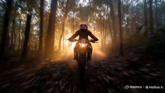 Takeshi Kitano Style Motorcycle Chase in Dense Forest – AI Generated Video | Hailuo AI