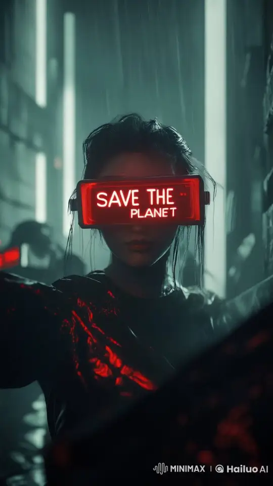 Futuristic Alleyway with Woman in Neon 'Save the Planet' Visors – AI Generated Video | Hailuo AI