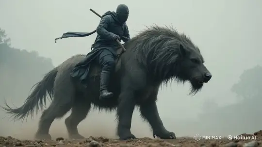 Ninja on a Bear-Like Beast in Dramatic Pose and Sprint – AI Generated Video | Hailuo AI