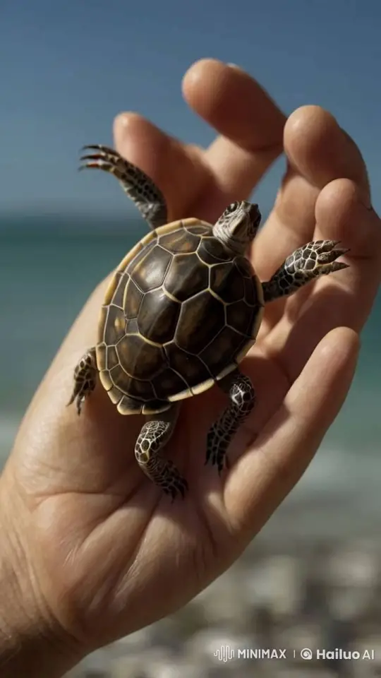 Peaceful Interaction: Person Holds Turtle on Beach – AI Generated Video | Hailuo AI