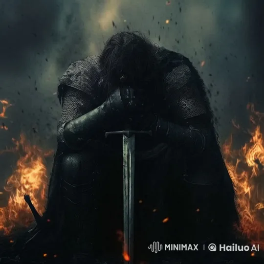 Knight in Contemplation Amidst Fiery Battle Ruins – AI Generated Video | Hailuo AI