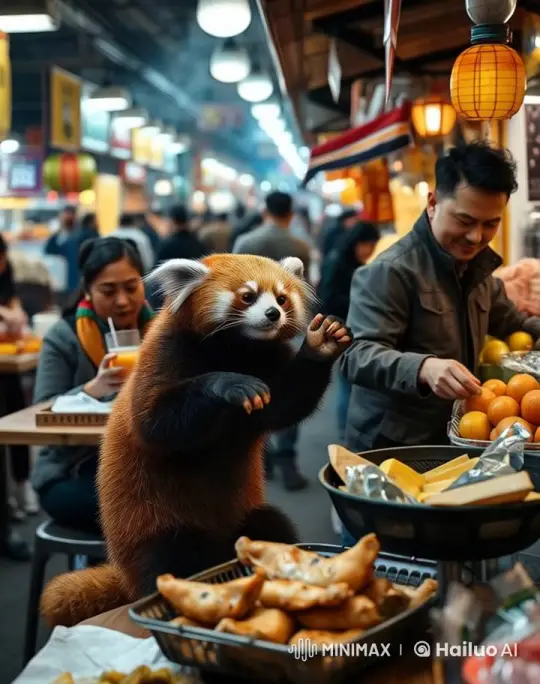 Red Panda Cooks Chicken at Animated Night Market – AI Generated Video | Hailuo AI
