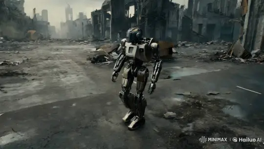 Robotic Wanderer in Post-Apocalyptic Panorama – AI Generated Video | Hailuo AI