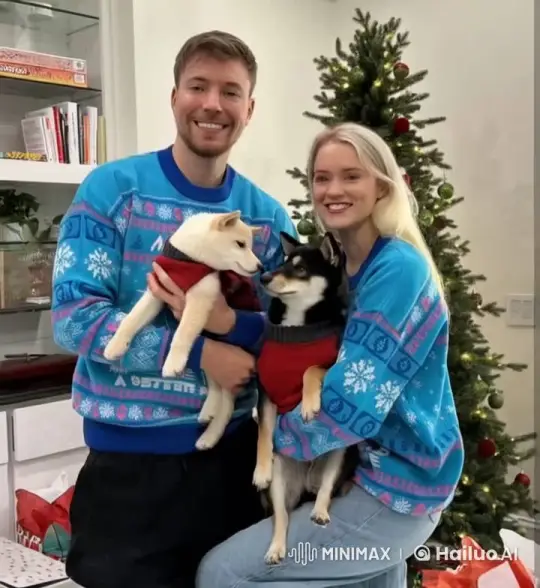 Holiday Couple with Matching Puppies in Festive Sweaters – AI Generated Video | Hailuo AI