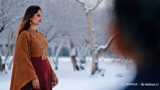 Woman in Snowfall: A Study in Serenity and Contrast – AI Generated Video | Hailuo AI
