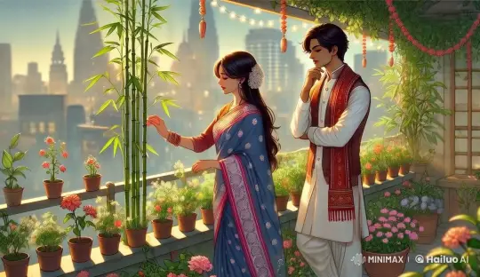 Traditional Couple in Serene Terrace Garden at Dusk – AI Generated Video | Hailuo AI