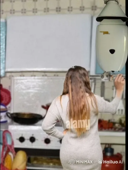 Woman Lights Wall-Mounted Heater in Kitchen – AI Generated Video | Hailuo AI