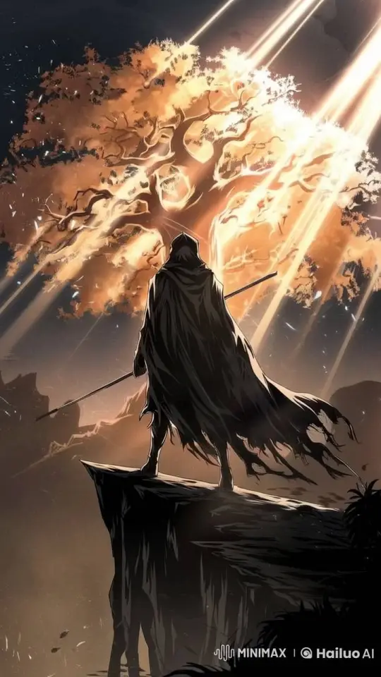 Cloaked Figure Admires Radiant Tree in Live2D Scene – AI Generated Video | Hailuo AI