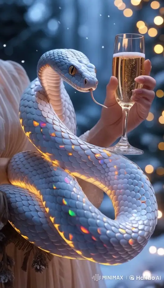 White Snake Coils on Arm Amid Winter Festivity – AI Generated Video | Hailuo AI