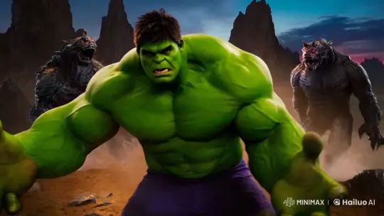 Hulk Battles Monsters in Dramatic Twilight Landscape – AI Generated Video | Hailuo AI