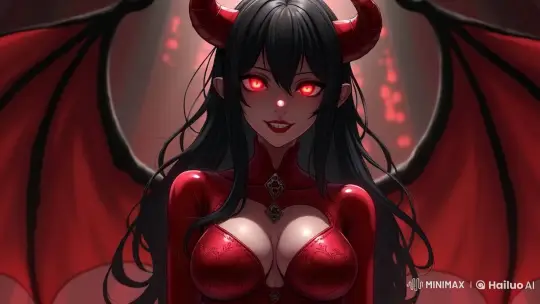 Mysterious Female Figure with Red Horns and Wings in Enchanting Setting – AI Generated Video | Hailuo AI