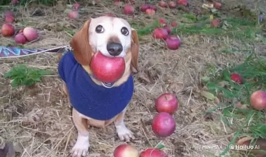 Curious Dog with Apple in Outdoor Setting – AI Generated Video | Hailuo AI