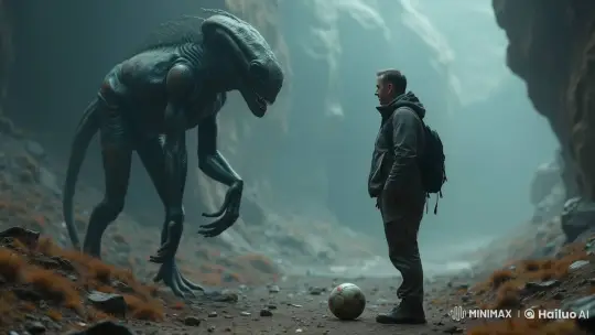 Misty Canyon Standoff: Man vs. Alien Over Soccer Ball – AI Generated Video | Hailuo AI