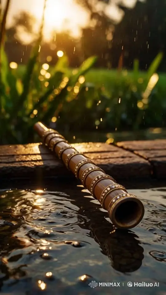 Tranquil Flute Reflection in Slow-Motion Rain by the Pool – AI Generated Video | Hailuo AI
