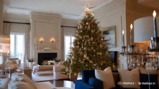 Luxurious New Year's Eve Living Space with Grand Christmas Tree – AI Generated Video | Hailuo AI