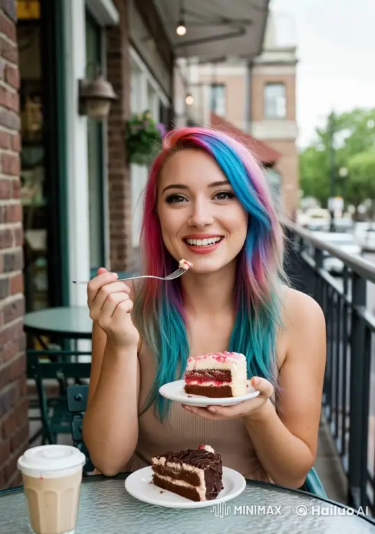 Vibrant Girl Joyfully Eating Cake at Café – AI Generated Video | Hailuo AI